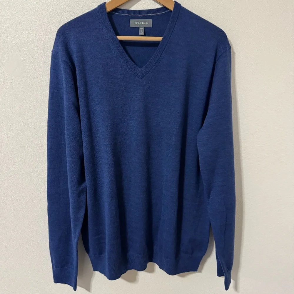 Bonobos Extra Fine Merino Wool V Neck Pullover Sweater Blue Preppy Academia-L